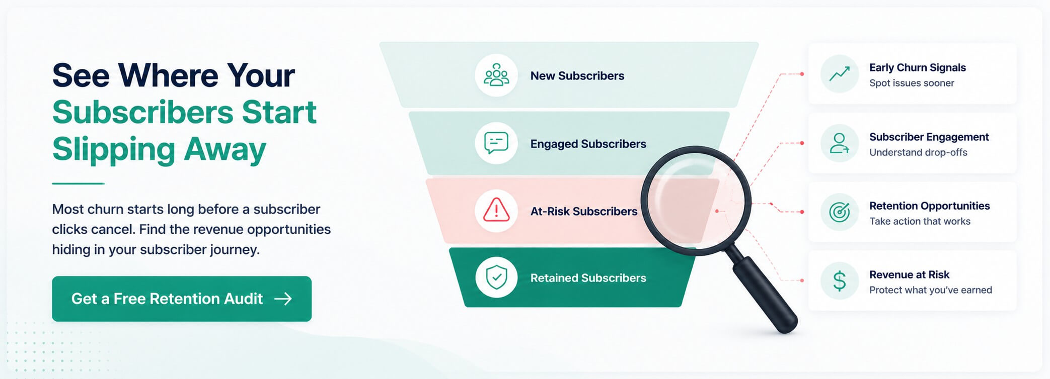 Subscriber retention audit showing churn risks and opportunities to improve retention.